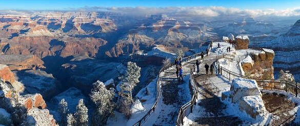 A snowy landscape in Grand Canyon National Park in winter.