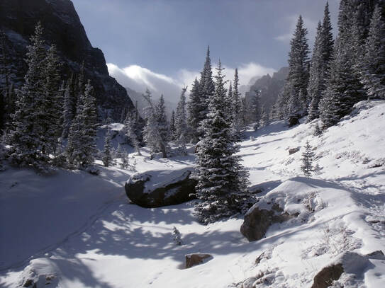 A snowy landscape in Rocky Mountain National Park in winter.