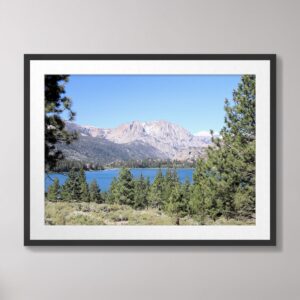 A serene view of June Lake in California, featuring crystal-clear waters surrounded by green forests and the towering Sierra Nevada mountains under a clear blue sky.