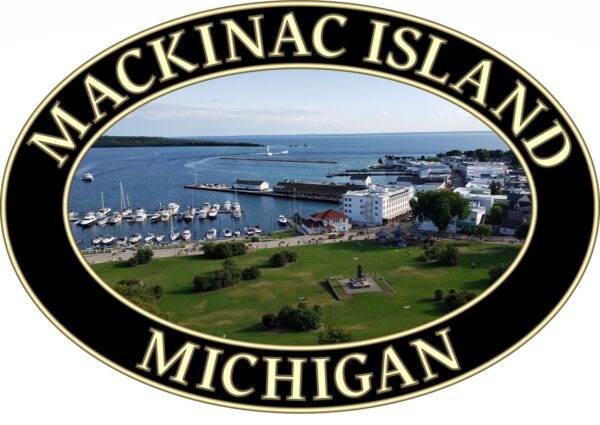 Mackinac Island T-Shirt - Harbor and Downtown Graphic on Comfort Colors Heavyweight (Front print, black graphic) - Image 2