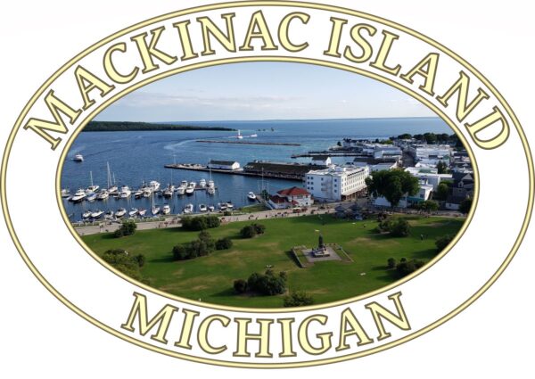 Mackinac Island T-Shirt - Harbor and Downtown Graphic on Comfort Colors Heavyweight (Back print, transparent graphic) - Image 2