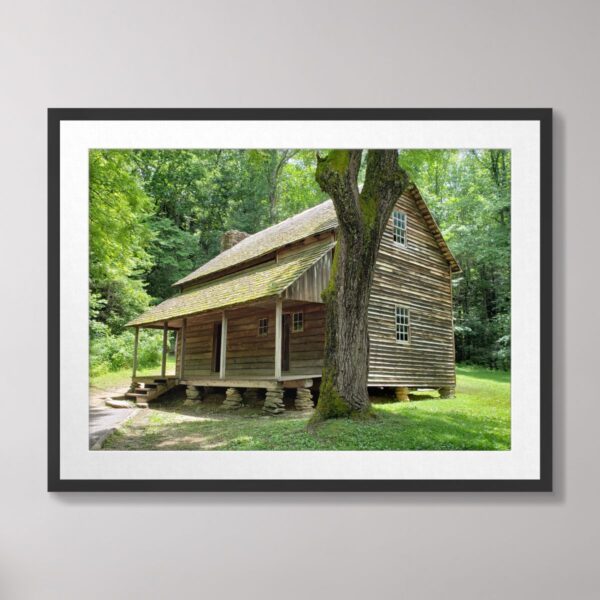 A 19th-century wooden home surrounded by lush greenery in Cades Cove, Great Smoky Mountains National Park, showcasing Appalachian heritage.