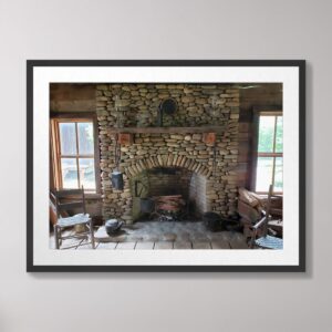 19th-century stone fireplace in a historic Tennessee home, featuring intricate stonework, rustic decor, and warm natural lighting.