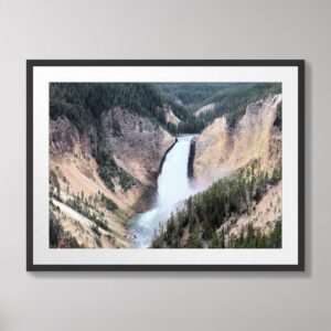 A breathtaking view of Lower Yellowstone Falls cascading into the Yellowstone River, surrounded by steep canyon walls and dense evergreen trees in Yellowstone National Park.