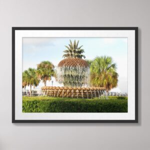 Photograph of the Pineapple Fountain at Waterfront Park in Charleston, South Carolina, with water cascading over the pineapple and surrounded by palm trees.