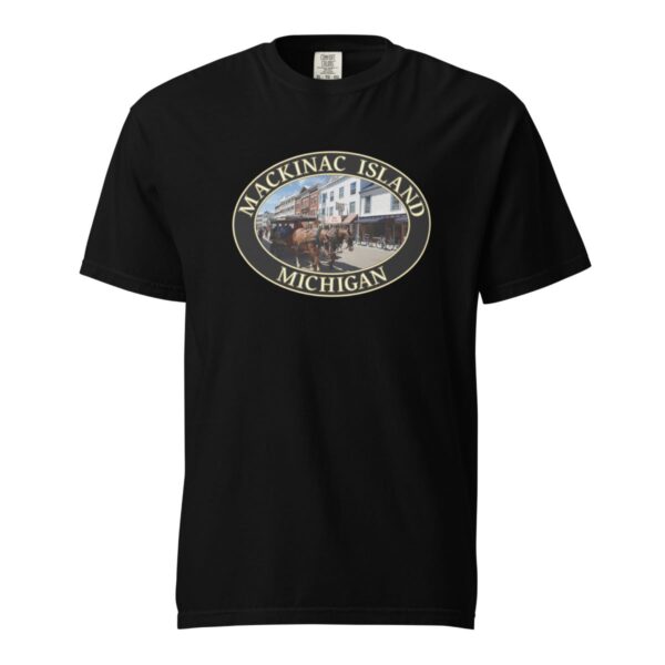 Mackinac Island T-Shirt - Downtown Horse and Carriage Graphic on Comfort Colors Heavyweight (Front print, black graphic) - Image 3