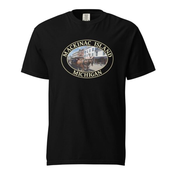 Mackinac Island T-Shirt - Downtown Horse and Carriage Graphic on Comfort Colors Heavyweight (Front print, transparent graphic) - Image 3