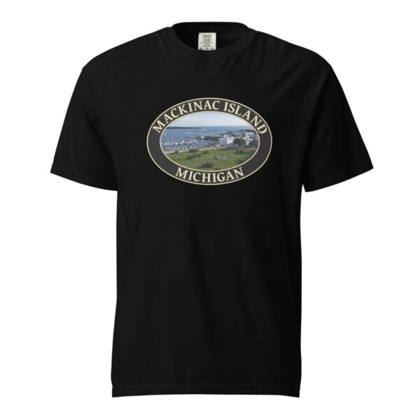 Mackinac Island T-Shirt - Harbor and Downtown Graphic on Comfort Colors Heavyweight (Back print, black graphic) - Image 3