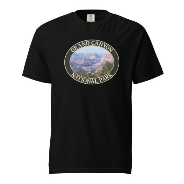 Black Comfort Colors 1717 heavyweight T-shirt featuring a Colorado River at Grand Canyon National Park graphic in an oval design.