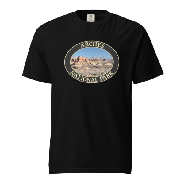 The Windows Arches National Park T-Shirt – Scenic Desert Arch Vista Comfort Colors Tee (Front print, black graphic) - Image 3