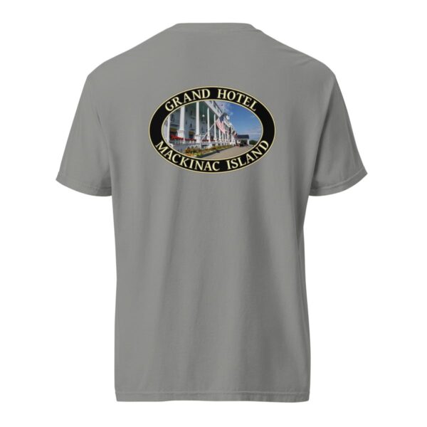 Grey Comfort Colors 1717 heavyweight T-shirt featuring a Grand Hotel graphic on Mackinac Island with iconic white porch and American flags in an oval design.