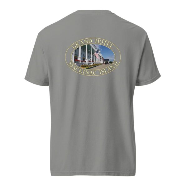 Grey Comfort Colors 1717 heavyweight T-shirt featuring a Grand Hotel graphic on Mackinac Island with iconic white porch and American flags in an oval design.