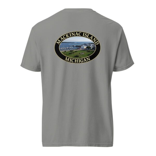 Grey Comfort Colors 1717 heavyweight T-shirt featuring Mackinac Island harbor and downtown graphic with boats and historic buildings in an oval design.