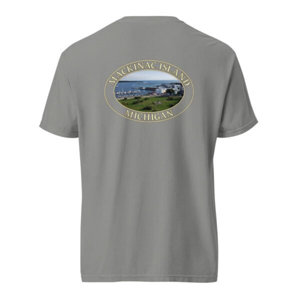 Grey Comfort Colors 1717 heavyweight T-shirt featuring Mackinac Island harbor and downtown graphic with boats and historic buildings in an oval design.