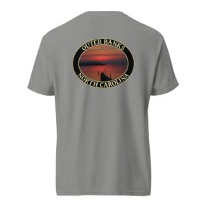 Grey Comfort Colors 1717 heavyweight T-shirt featuring Albemarle Sound sunset graphic on the Outer Banks, with a silhouetted pier and vibrant red sky in an oval design.