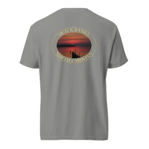 Grey Comfort Colors 1717 heavyweight T-shirt featuring Albemarle Sound sunset graphic on the Outer Banks, with a silhouetted pier and vibrant red sky in an oval design.