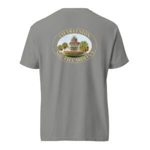 Grey Comfort Colors 1717 heavyweight T-shirt featuring a graphic of the Pineapple Fountain in Charleston, South Carolina, framed in an oval design.