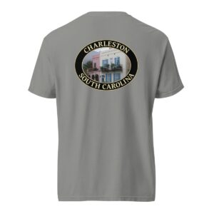 Grey Comfort Colors 1717 heavyweight T-shirt featuring a graphic of Rainbow Row homes in Charleston, South Carolina, framed in an oval design.