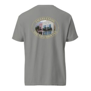 Grey Comfort Colors 1717 heavyweight T-shirt featuring a graphic of Rainbow Row homes in Charleston, South Carolina, framed in an oval design.