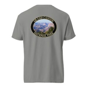 Grey Comfort Colors 1717 heavyweight T-shirt featuring a Colorado River at Grand Canyon National Park graphic in an oval design.