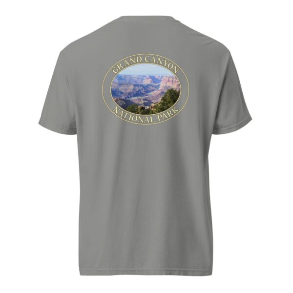 Grey Comfort Colors 1717 heavyweight T-shirt featuring a Colorado River at Grand Canyon National Park graphic in an oval design.