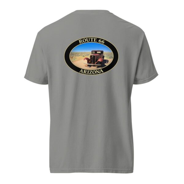 Grey Comfort Colors 1717 heavyweight T-shirt featuring an antique car on Route 66 near Holbrook, Arizona, with a desert background in an oval graphic.