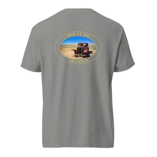 Grey Comfort Colors 1717 heavyweight T-shirt featuring an antique car on Route 66 near Holbrook, Arizona, with a desert background in an oval graphic.