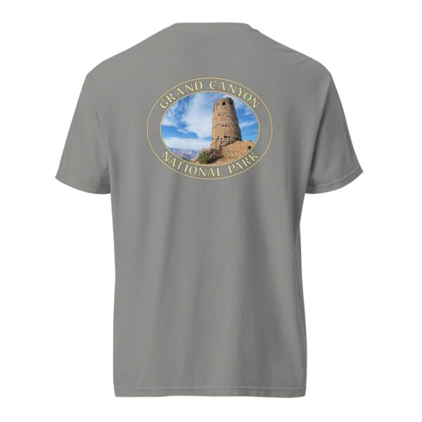 Grey Comfort Colors 1717 heavyweight T-shirt featuring a Watchtower at Grand Canyon National Park graphic in an oval design under a blue sky.