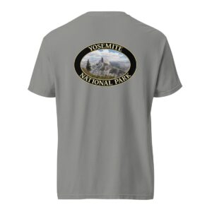 Grey Comfort Colors 1717 heavyweight T-shirt featuring Half Dome at Yosemite National Park graphic in an oval design with a scenic backdrop.