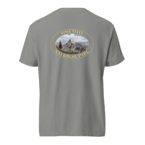 Grey Comfort Colors 1717 heavyweight T-shirt featuring Half Dome at Yosemite National Park graphic in an oval design with a scenic backdrop.