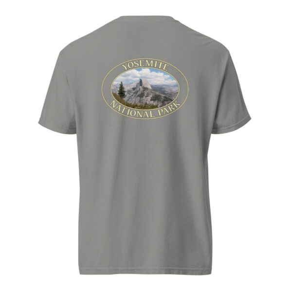 Grey Comfort Colors 1717 heavyweight T-shirt featuring Half Dome at Yosemite National Park graphic in an oval design with a scenic backdrop.