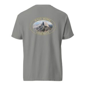 Grey Comfort Colors 1717 heavyweight T-shirt featuring a Half Dome at Yosemite National Park graphic in an oval design with a closeup of the famous rock formation.