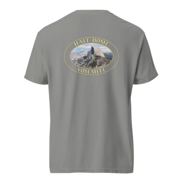 Grey Comfort Colors 1717 heavyweight T-shirt featuring a Half Dome at Yosemite National Park graphic in an oval design with a closeup of the famous rock formation.