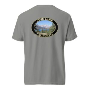 Grey Comfort Colors 1717 heavyweight T-shirt featuring a scenic June Lake in California graphic with mountains, trees, and lake view in an oval design.