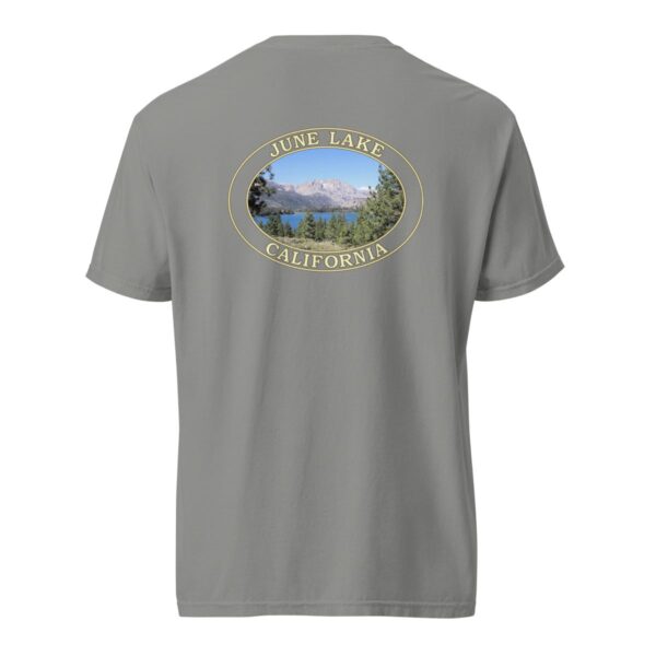 Grey Comfort Colors 1717 heavyweight T-shirt featuring a scenic June Lake in California graphic with mountains, trees, and lake view in an oval design.