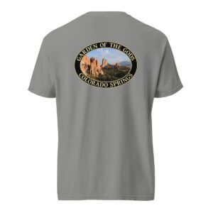 Grey Comfort Colors 1717 heavyweight T-shirt featuring a Garden of the Gods graphic in Colorado Springs with red rock formations and a blue sky in an oval design.