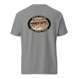 Grey Comfort Colors 1717 heavyweight T-shirt featuring a Cliff Palace at Mesa Verde National Park graphic in an oval design with ancient ruins.