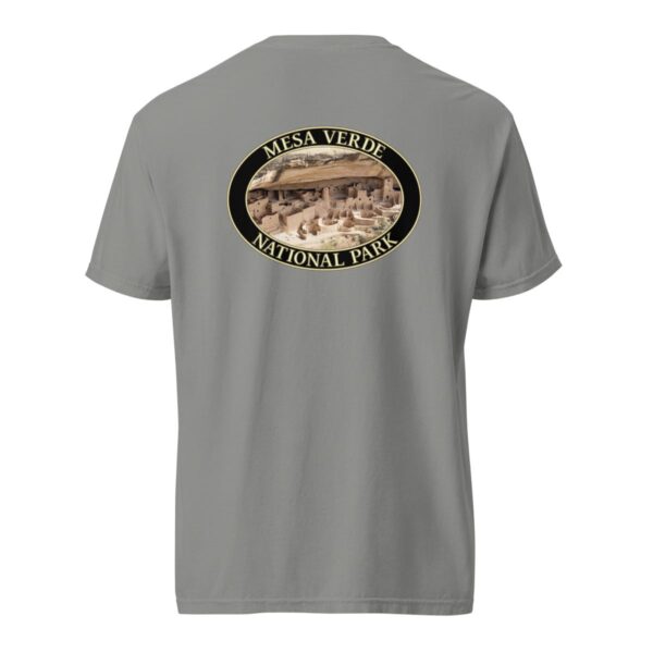 Grey Comfort Colors 1717 heavyweight T-shirt featuring a Cliff Palace at Mesa Verde National Park graphic in an oval design with ancient ruins.