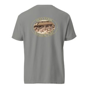 Grey Comfort Colors 1717 heavyweight T-shirt featuring a Cliff Palace at Mesa Verde National Park graphic in an oval design with ancient ruins.