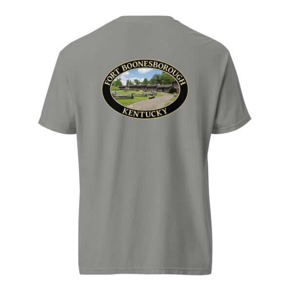 Grey Comfort Colors 1717 heavyweight T-shirt featuring Fort Boonesborough in Kentucky graphic with a historic fort scene in an oval design.