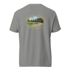 Grey Comfort Colors 1717 heavyweight T-shirt featuring Fort Boonesborough in Kentucky graphic with a historic fort scene in an oval design.