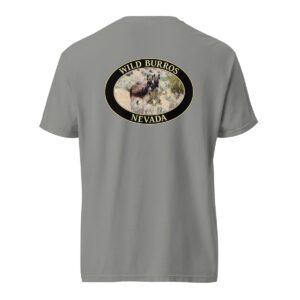 Grey Comfort Colors 1717 heavyweight T-shirt featuring a wild burros graphic with donkeys roaming the Nevada desert in an oval design.