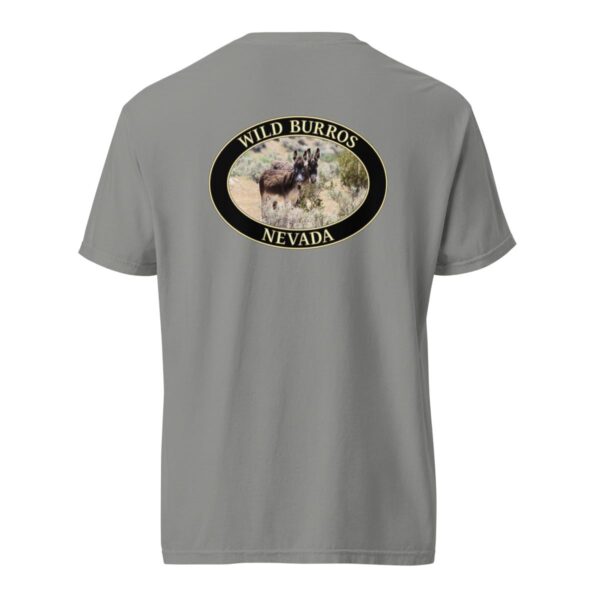 Grey Comfort Colors 1717 heavyweight T-shirt featuring a wild burros graphic with donkeys roaming the Nevada desert in an oval design.