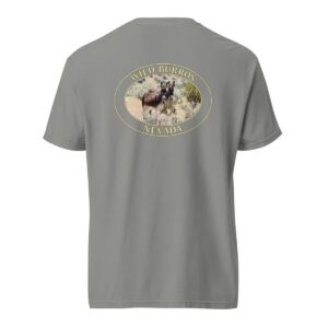 Grey Comfort Colors 1717 heavyweight T-shirt featuring a wild burros graphic with donkeys roaming the Nevada desert in an oval design.