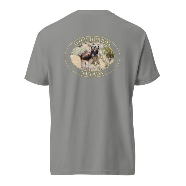 Grey Comfort Colors 1717 heavyweight T-shirt featuring a wild burros graphic with donkeys roaming the Nevada desert in an oval design.