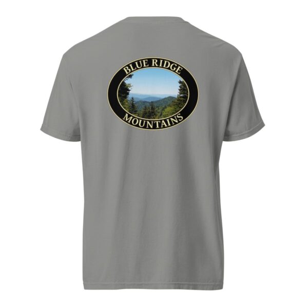 Grey Comfort Colors 1717 heavyweight T-shirt featuring a scenic view of the Blue Ridge Mountains in North Carolina with lush greenery and distant rolling peaks in an oval design.