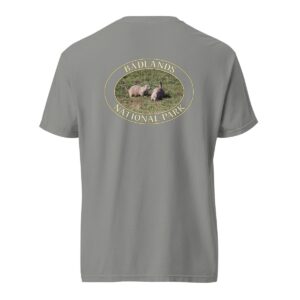 Grey Comfort Colors heavyweight T-shirt featuring a prairie dog couple graphic at Badlands National Park, framed in an oval design.