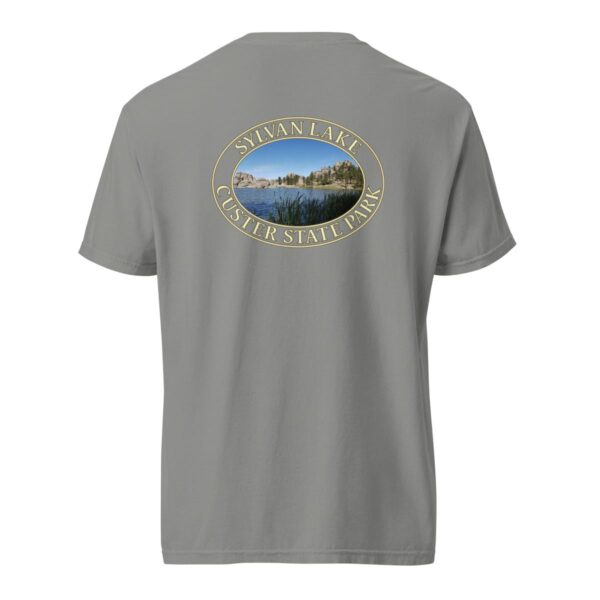 Grey Comfort Colors heavyweight T-shirt featuring a scenic Sylvan Lake design at Custer State Park, framed in an oval border.