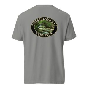 Grey Comfort Colors heavyweight T-shirt featuring a scenic Mountain Stream design from Cumberland Gap, Tennessee, framed in an oval border.