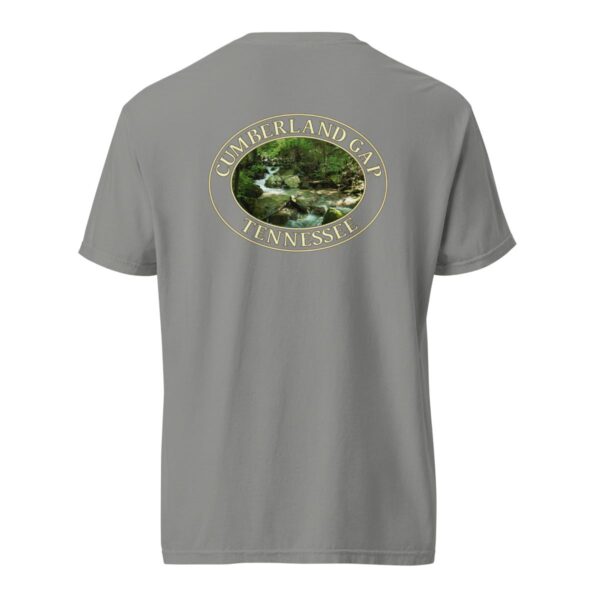 Grey Comfort Colors heavyweight T-shirt featuring a scenic Mountain Stream design from Cumberland Gap, Tennessee, framed in an oval border.